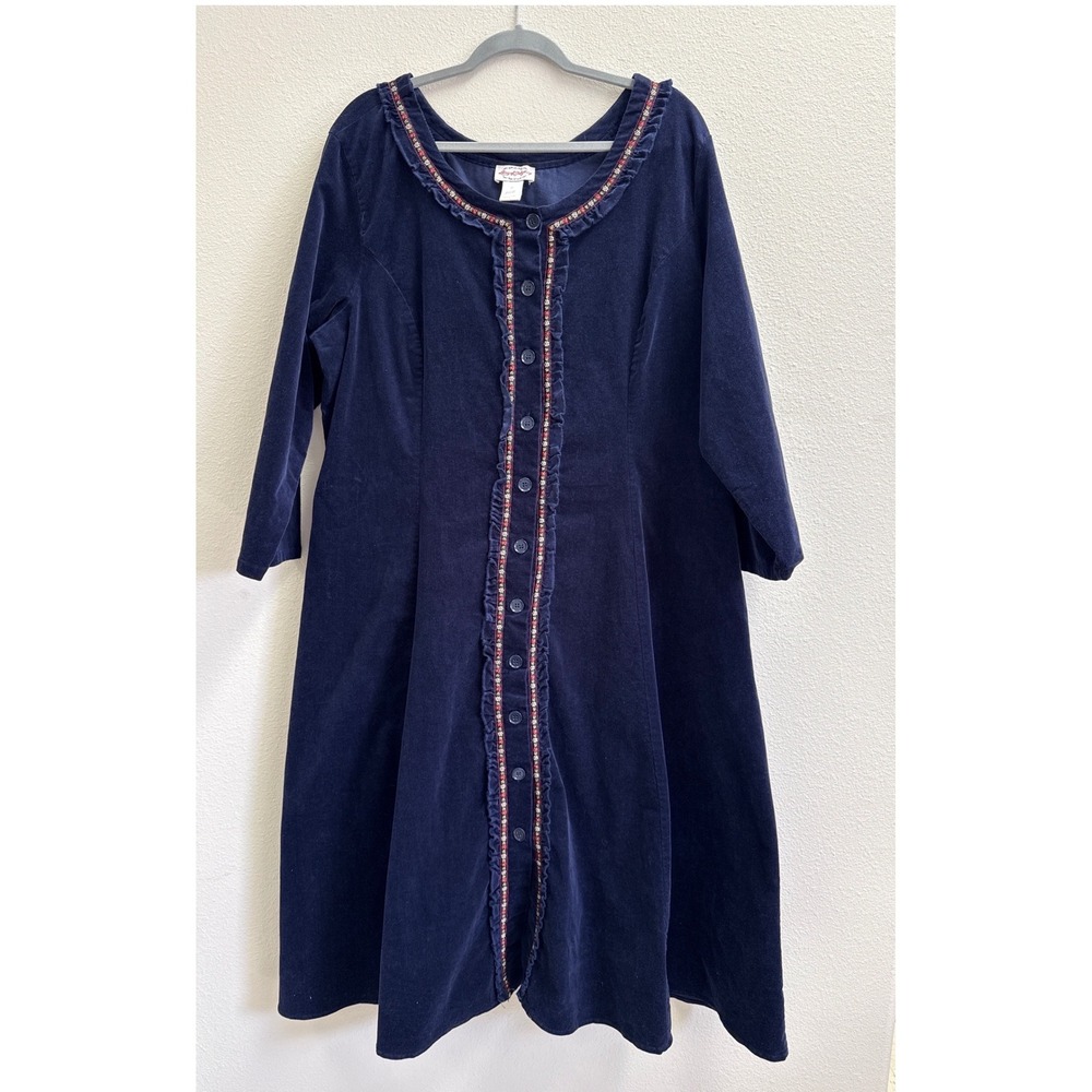 Lanz of Salzburg Navy Blue Corduroy Floral Trim Button Front Midi Dress 2X